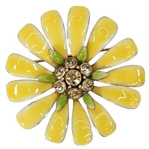Vtg Yellow Enamel Rhinestone Daisy Gold Tone Brooch Bloom Core 2"